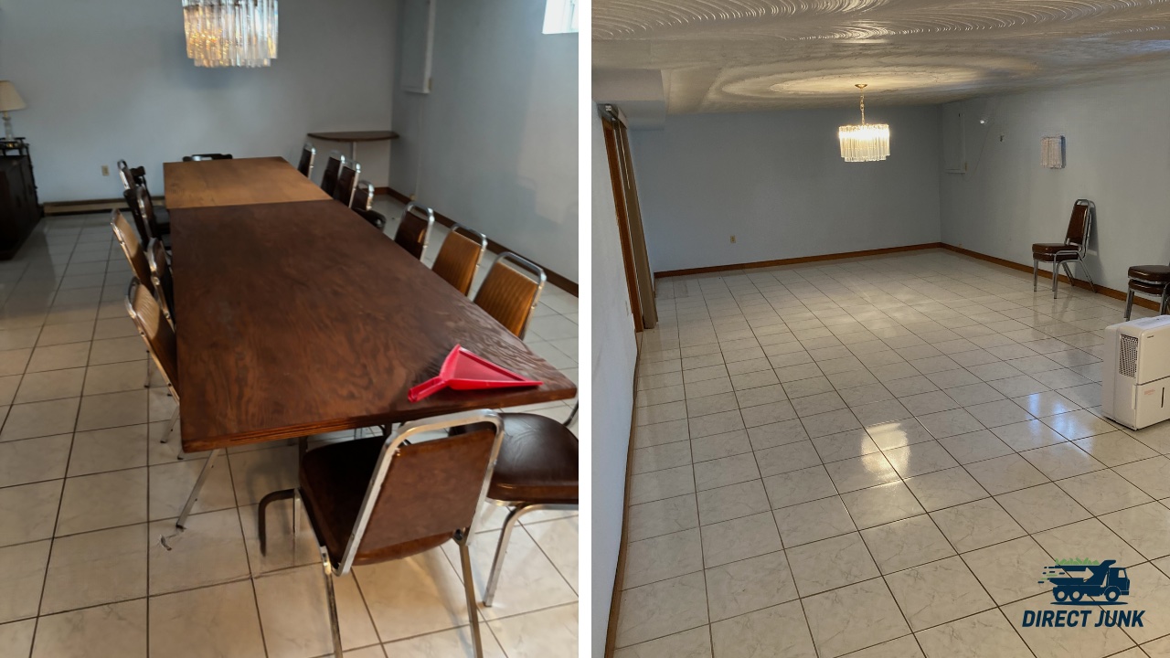 Before and after dining room furniture removal during a junk cleanout in Hamilton Ontario