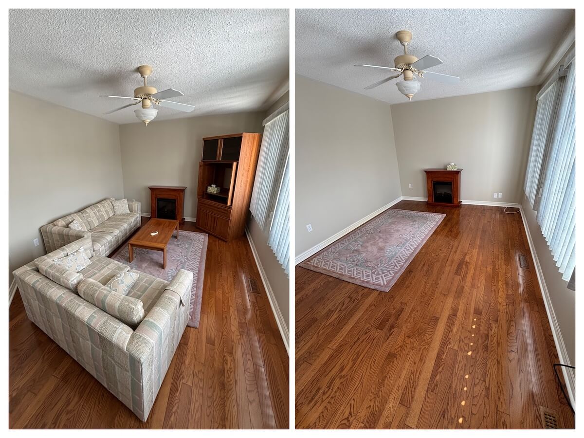 Before and after dining room furniture removal during a junk cleanout in Hamilton Ontario