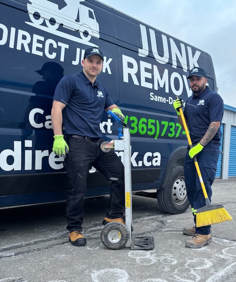 Direct Junk uniformed crew with dolly beside branded junk removal truck